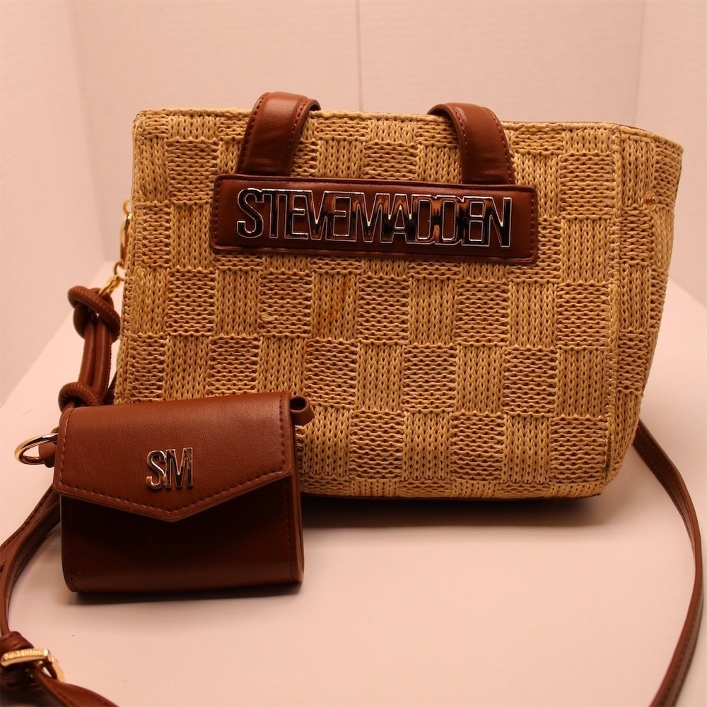 Steve Madden Flores Mini Tote Bag Natural/Cognac Woven w/ Pouch &‎ Strap